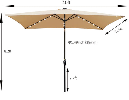 10 x 6.5t Rectangular Patio Solar LED Lighted Outdoor Market Umbrellas  with Crank and Push Button Tilt for Garden Shade Swimming Poo