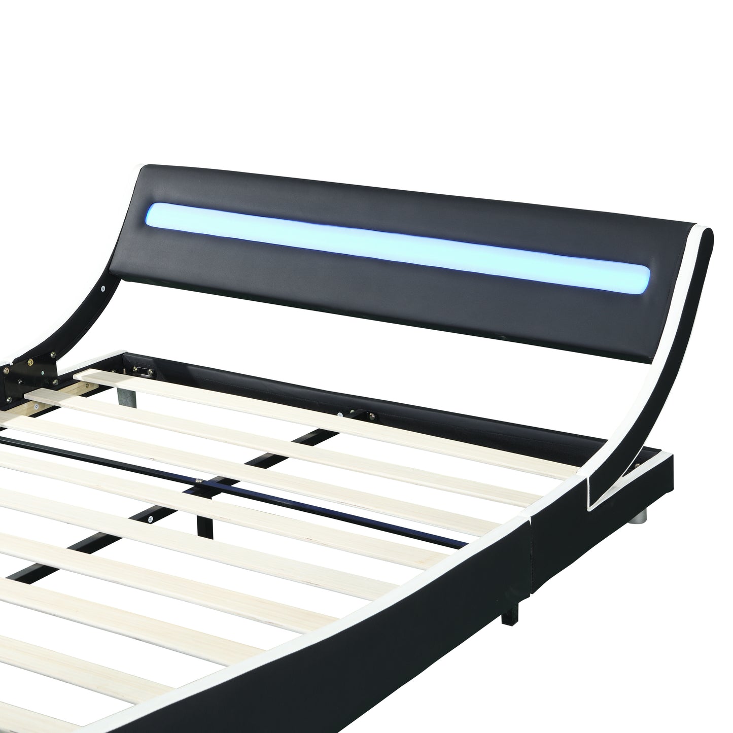 Queen Size Faux Leather Upholstered Platform Bed Frame with led lighting , Curve Design, Wood Slat Support, No Box Spring Needed, Easy Assemble, Queen Size, Black and White