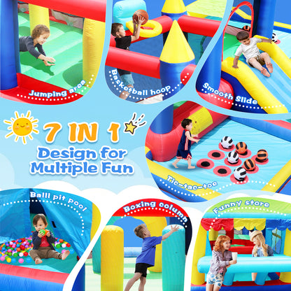 7 in 1 Inflatable Bounce House, Bouncy House with Ball Pit for Kids Indoor Outdoor Party Family Fun, Obstacles, Toddler Jump Bouncy Castle with Ball Pit for Birthday Party Gifts