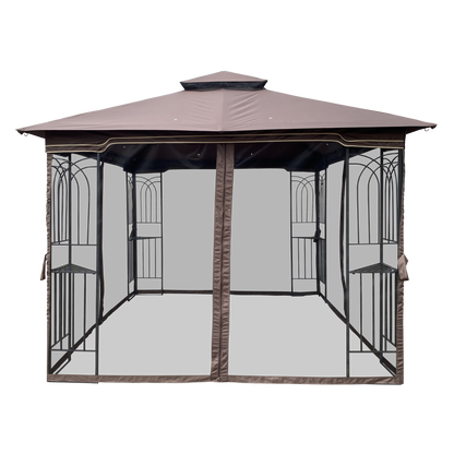 10x10 Outdoor Patio Gazebo Canopy Tent With Ventilated Double Roof And Mosquito net (Detachable Mesh Screen On All Sides)-Brown Top