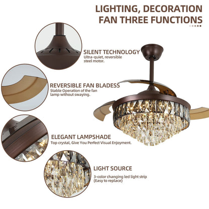 42"Chandelier Ceiling Fan Retractable Ceiling Fans with Lights and Remote Control 6 Speed LED 72w Diammable Invisible  Crystal Ceiling Fan Modern Light for Bedroom Indoor Living Room