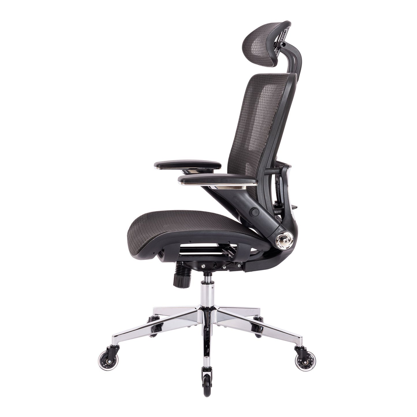 BLACK Ergonomic Mesh Office Chair, High Back - Adjustable Headrest with Flip-Up Arms, Tilt and lock Function, Lumbar Support and blade Wheels, KD chrome metal legs