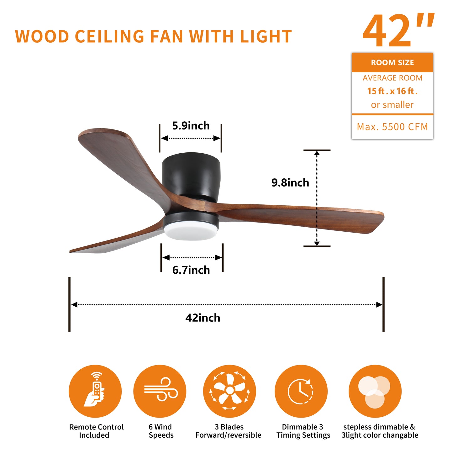 42 inch Black Wood Ceiling Fans with Lights and Remote, Modern Flush Mount Low Profile Ceiling Fan with Light, 6 Speed, Reversible DC Motor, for Bedroom/Outdoor/Farmhouse/Patios