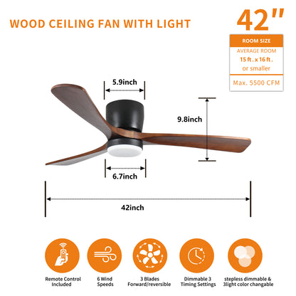 42 inch Black Wood Ceiling Fans with Lights and Remote, Modern Flush Mount Low Profile Ceiling Fan with Light, 6 Speed, Reversible DC Motor, for Bedroom/Outdoor/Farmhouse/Patios