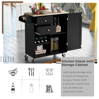 K&K Store Kitchen Cart with Spice Rack ,Towel Rack & Two Drawers,Rubber wood top,Kitchen Island with 4 Wheels for Dining Rooms Kitchens Living Rooms, Black