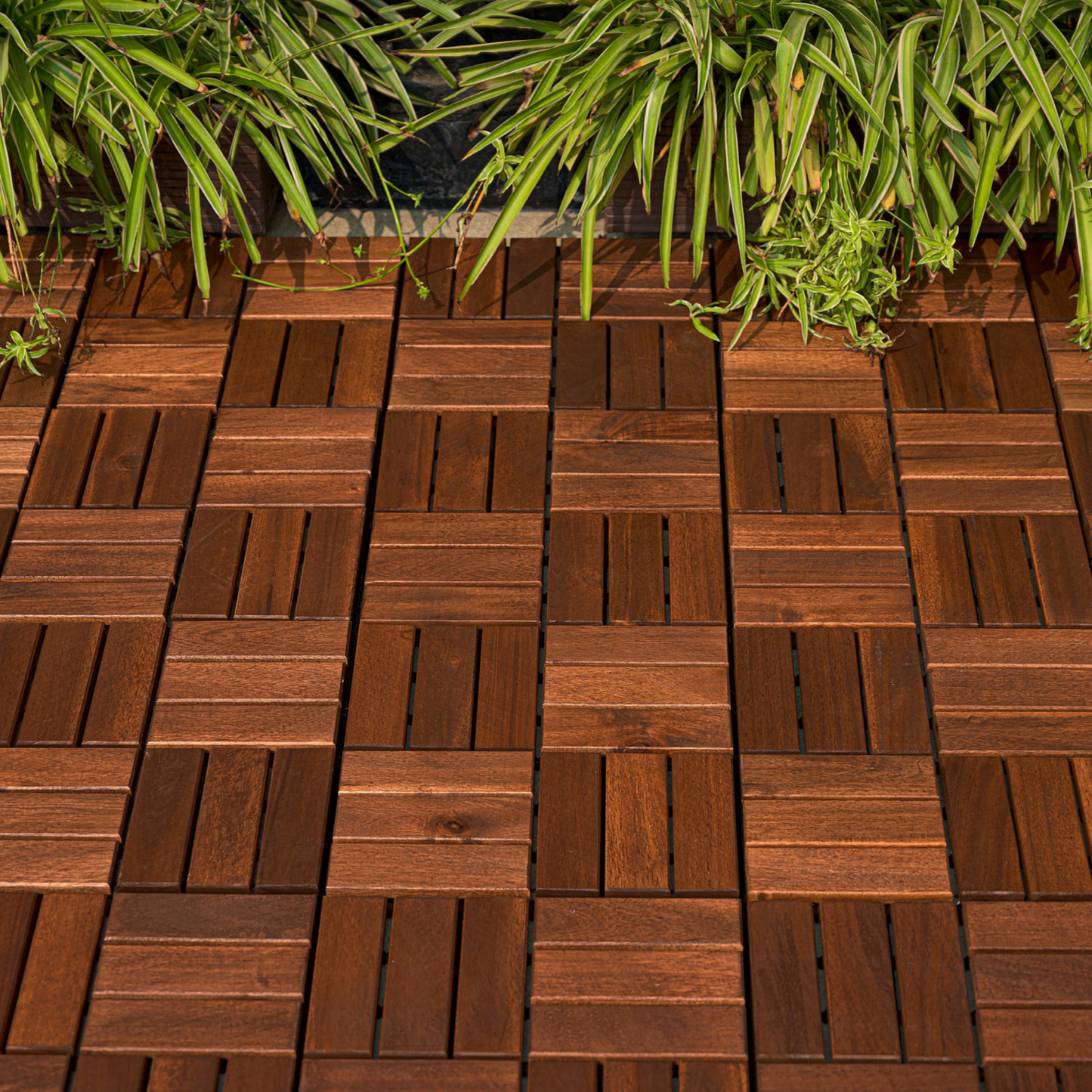 10 PCS Interlocking Deck Tiles Checker Pattern, 12" x 12" Square Brown Acacia Hardwood Outdoor Flooring for Patio, Bancony, Pool Side,...