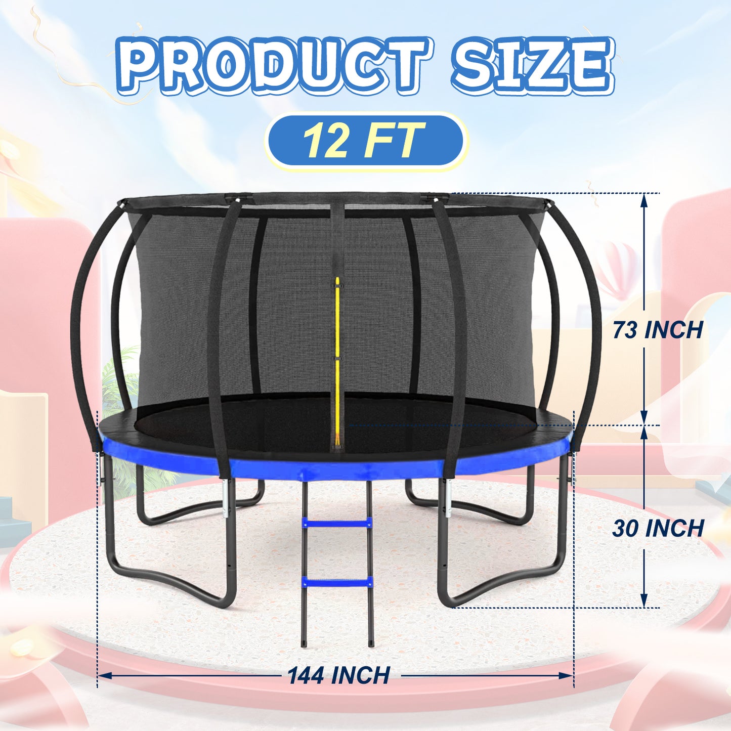 12FT Outdoor Big Trampoline With Inner Safety Enclosure Net, Ladder, PVC Spring Cover Padding, For Kids, Black&Blue Color