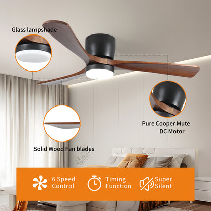 42 inch Black Wood Ceiling Fans with Lights and Remote, Modern Flush Mount Low Profile Ceiling Fan with Light, 6 Speed, Reversible DC Motor, for Bedroom/Outdoor/Farmhouse/Patios