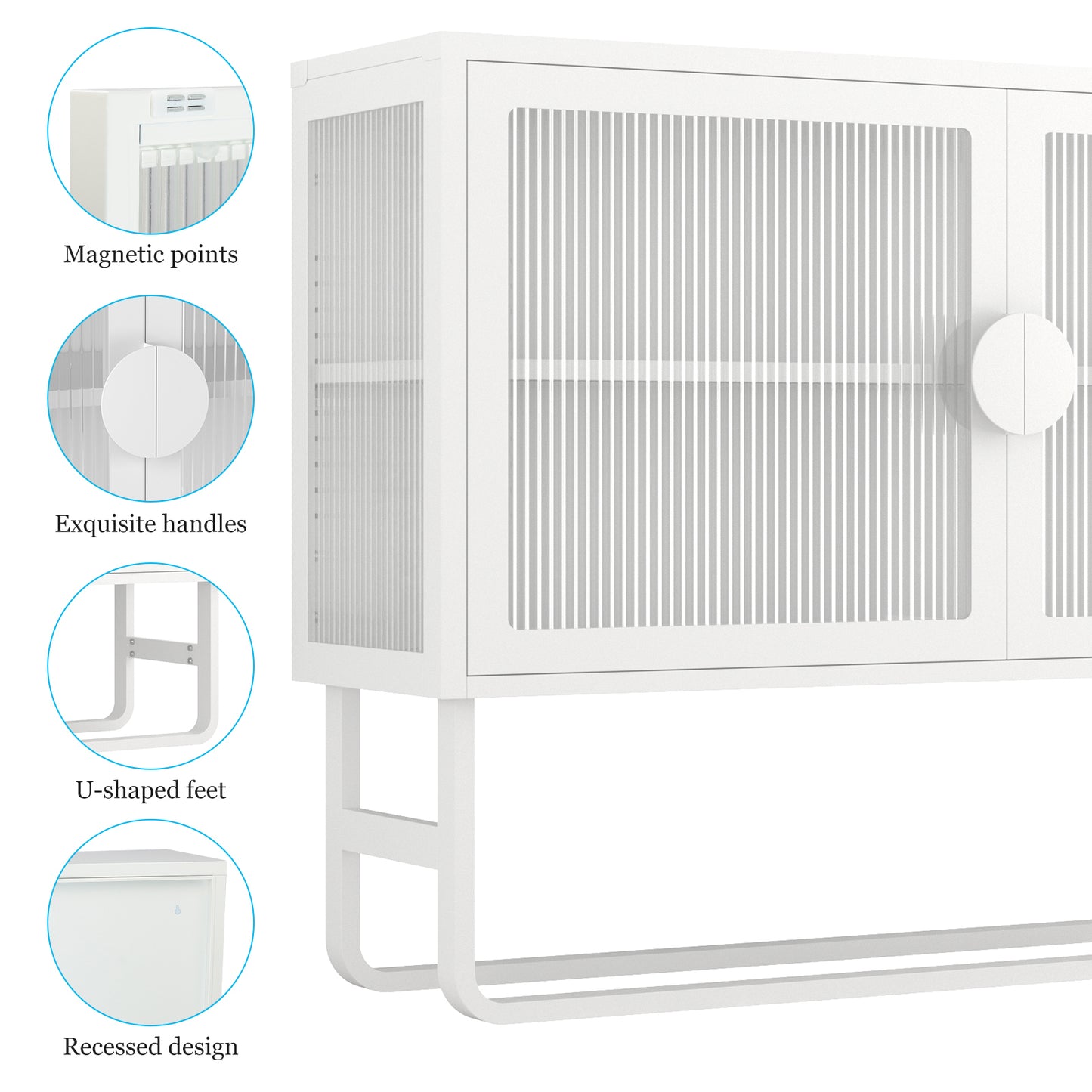 Tempered Glass Cabinet Credenza with 2 Fluted Glass Doors Adjustable Shelf U-shaped Leg Anti-Tip Dust-free Enclosed Cupboard for Living Room and Kitchen-White