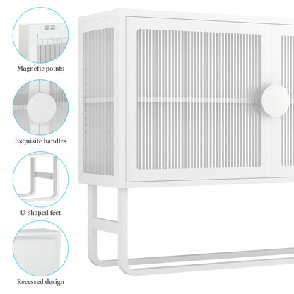 Tempered Glass Cabinet Credenza with 2 Fluted Glass Doors Adjustable Shelf U-shaped Leg Anti-Tip Dust-free Enclosed Cupboard for Living Room and Kitchen-White