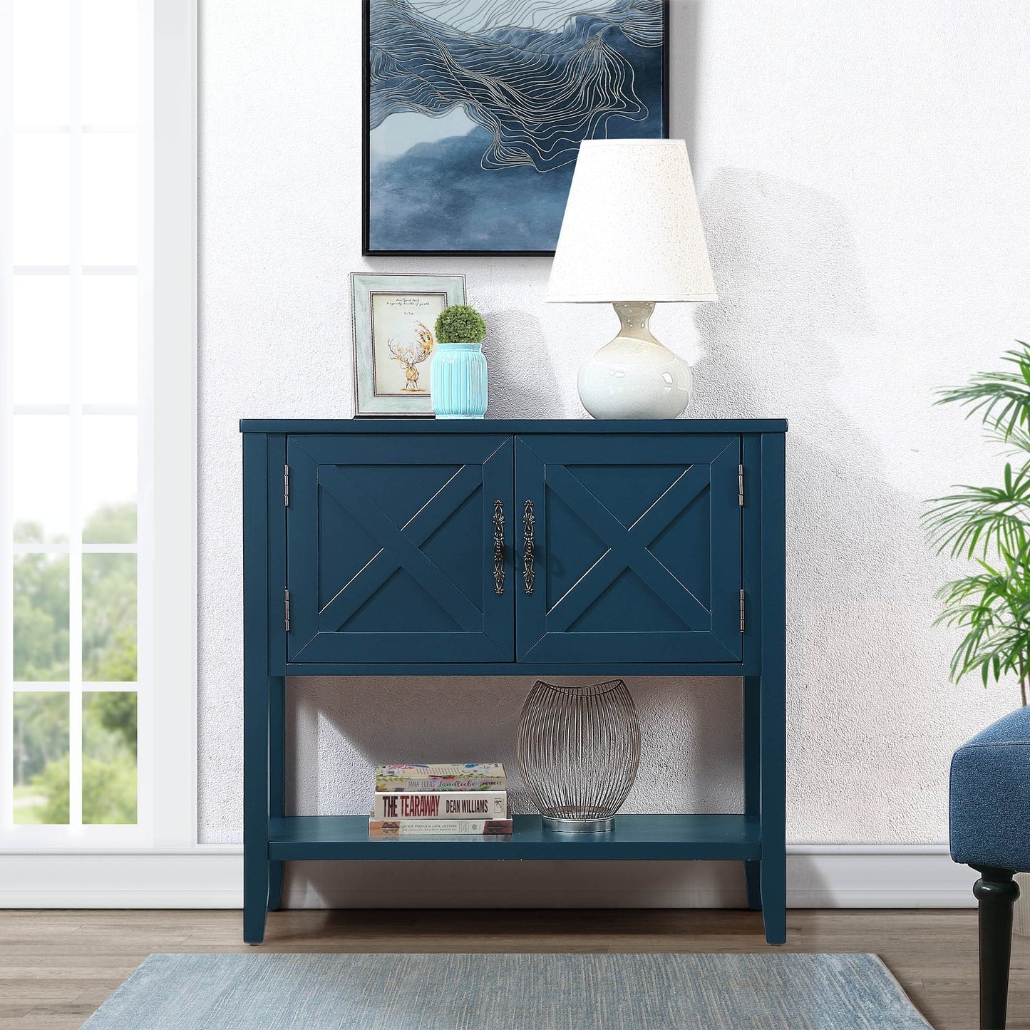 35'' Farmhouse Wood Buffet Sideboard Console Table with Bottom Shelf and 2-Door Cabinet, for Living Room, Entryway,Kitchen Dining Room Furniture (Navy Blue)