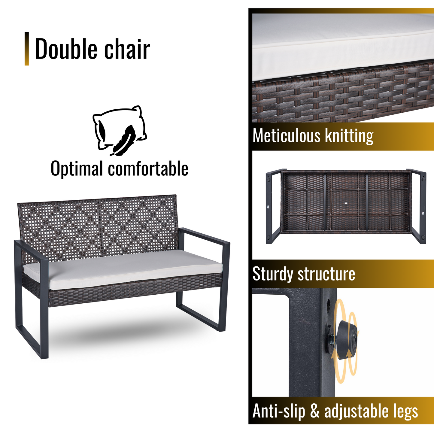 4-Piece Patio Furniture Set Outdoor Balcony Porch Garden Backyard Lawn Furniture Acacia Wood Table Top, Morden Brown and Beige Cushion