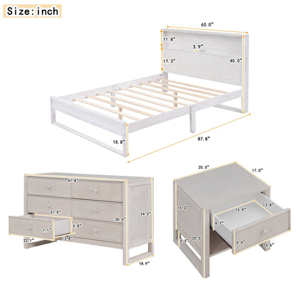 Giga 3-piece set 3-Piece Queen Size Bedroom Sets,Platform Bed with Nightstand,Dresser and Open Shelf for Teens and Adults-Antique White