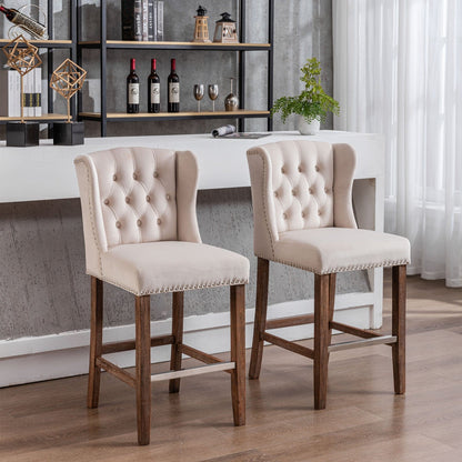 Giga A&A Furniture,Counter Height Bar Stools, Upholstered 27" Seat Height Barstools, Wingback Breakfast Chairs with Nailhead-Trim & Tufted Back, Wood Legs, Set of 2(Beige)