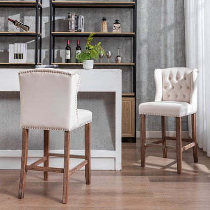 Giga A&A Furniture,Counter Height Bar Stools, Upholstered 27" Seat Height Barstools, Wingback Breakfast Chairs with Nailhead-Trim & Tufted Back, Wood Legs, Set of 2(Beige)