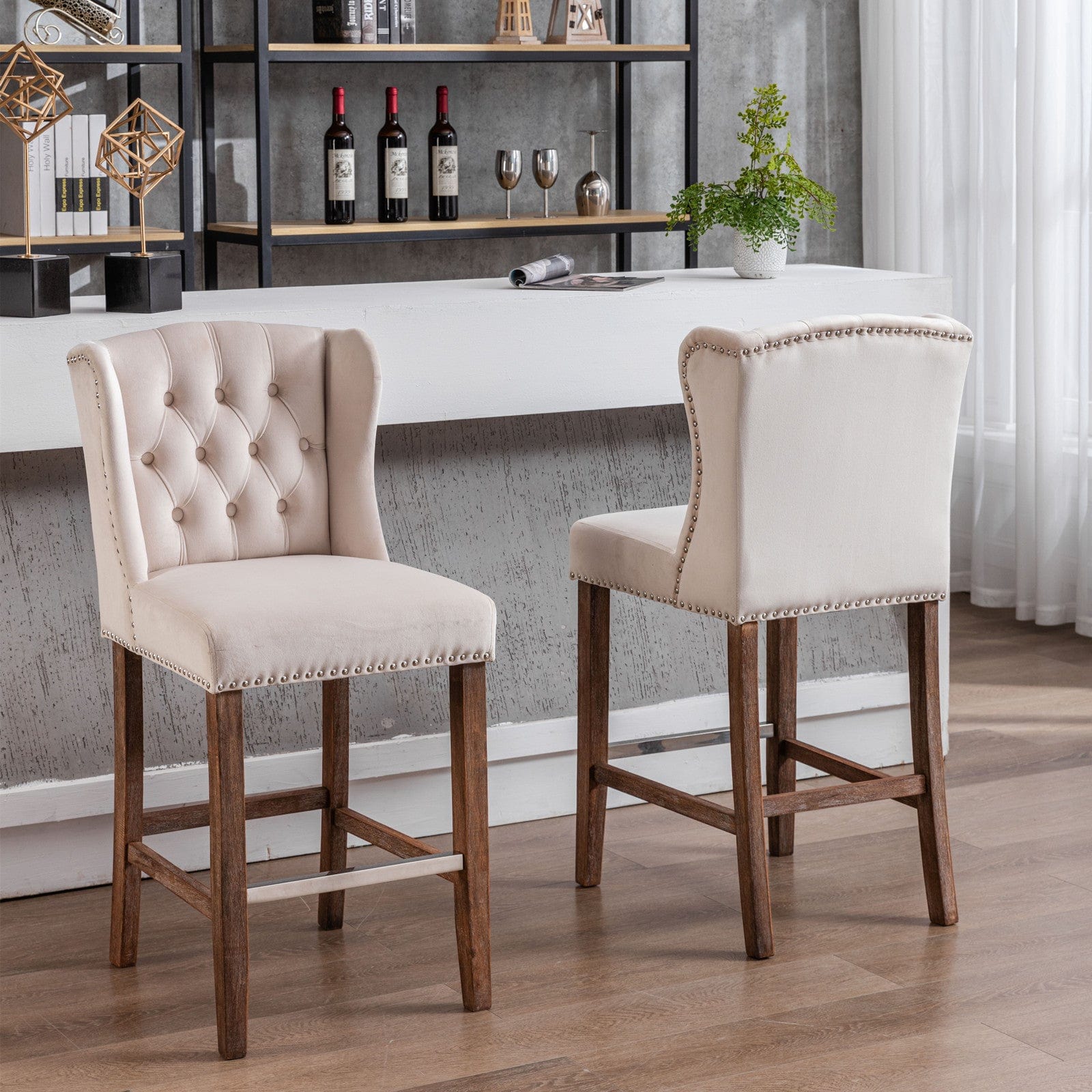 Giga A&A Furniture,Counter Height Bar Stools, Upholstered 27" Seat Height Barstools, Wingback Breakfast Chairs with Nailhead-Trim & Tufted Back, Wood Legs, Set of 2(Beige)