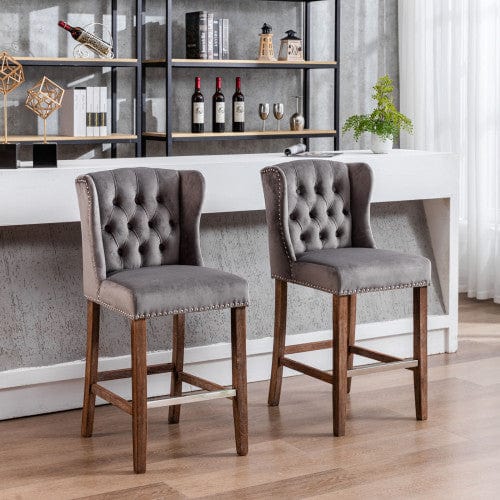 Giga A&A Upholstered Counter Height Barstools-Wingback Breakfast Chairs-Nailhead-Trim & Tufted Back, Wood Legs, Set of 2(Beige)