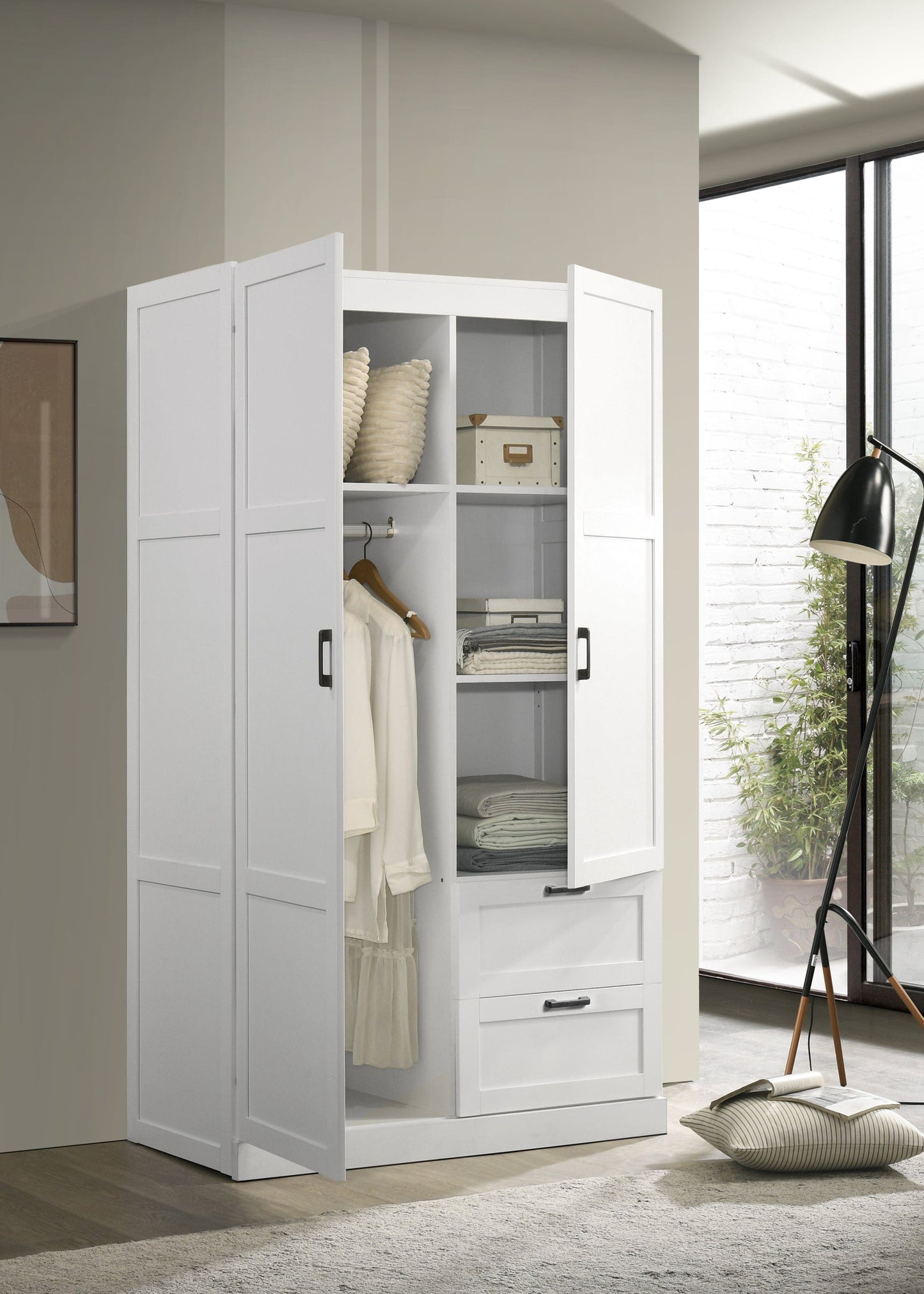 Giga Armoires Aubree White Wardrobe Cabinet Armoire with 2 Drawers and Hanging Rod