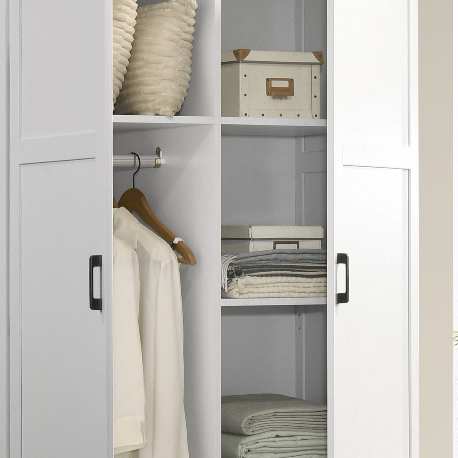 Giga Armoires Aubree White Wardrobe Cabinet Armoire with 2 Drawers and Hanging Rod