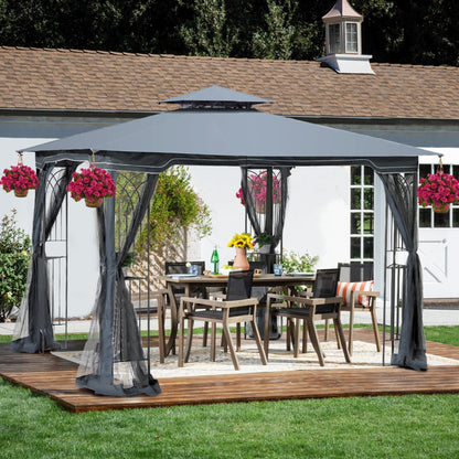 Giga Canopies & Gazebos 10x10 Outdoor Patio Gazebo Canopy Tent With Ventilated Double Roof And Mosquito net (Detachable Mesh Screen On All Sides) Gray Top