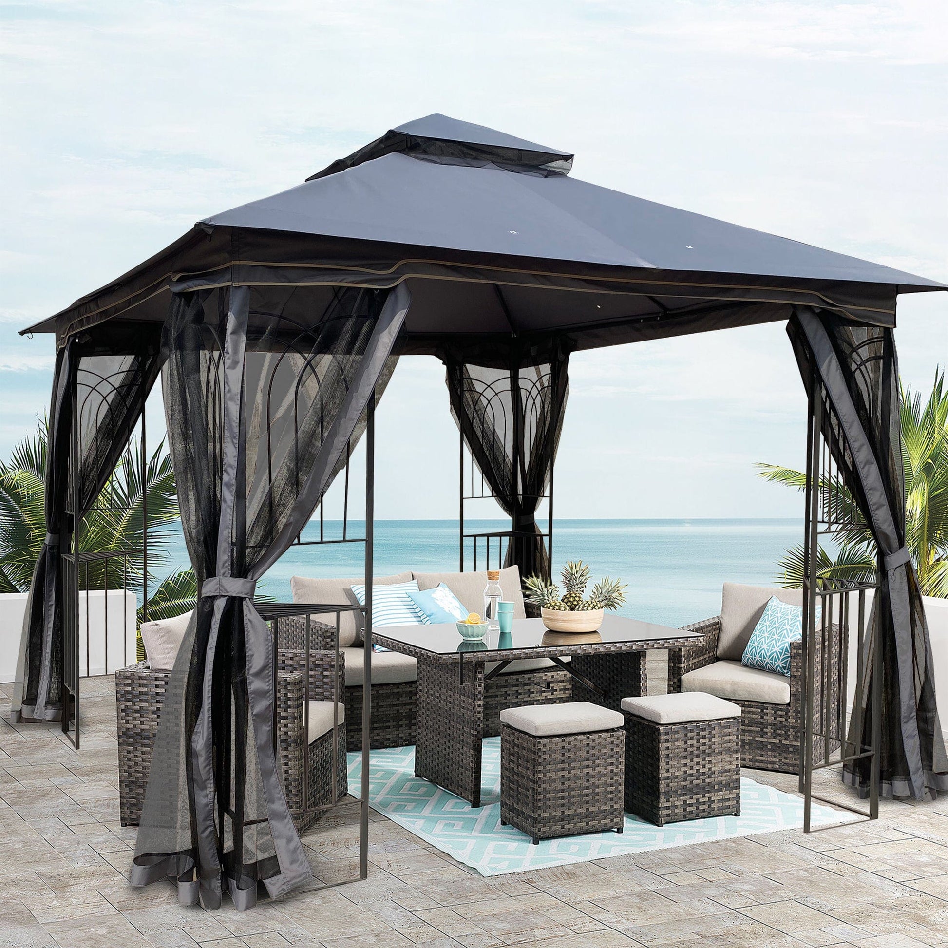 Giga Canopies & Gazebos 10x10 Outdoor Patio Gazebo Canopy Tent With Ventilated Double Roof And Mosquito net (Detachable Mesh Screen On All Sides) Gray Top