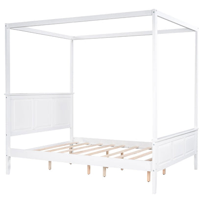 Giga Canopy Beds Queen Size Canopy Bed Solid Wood 4 Posters Platform Bed with Headboard and Footboard, with Slat Support Leg, No Box Spring Needed (White)