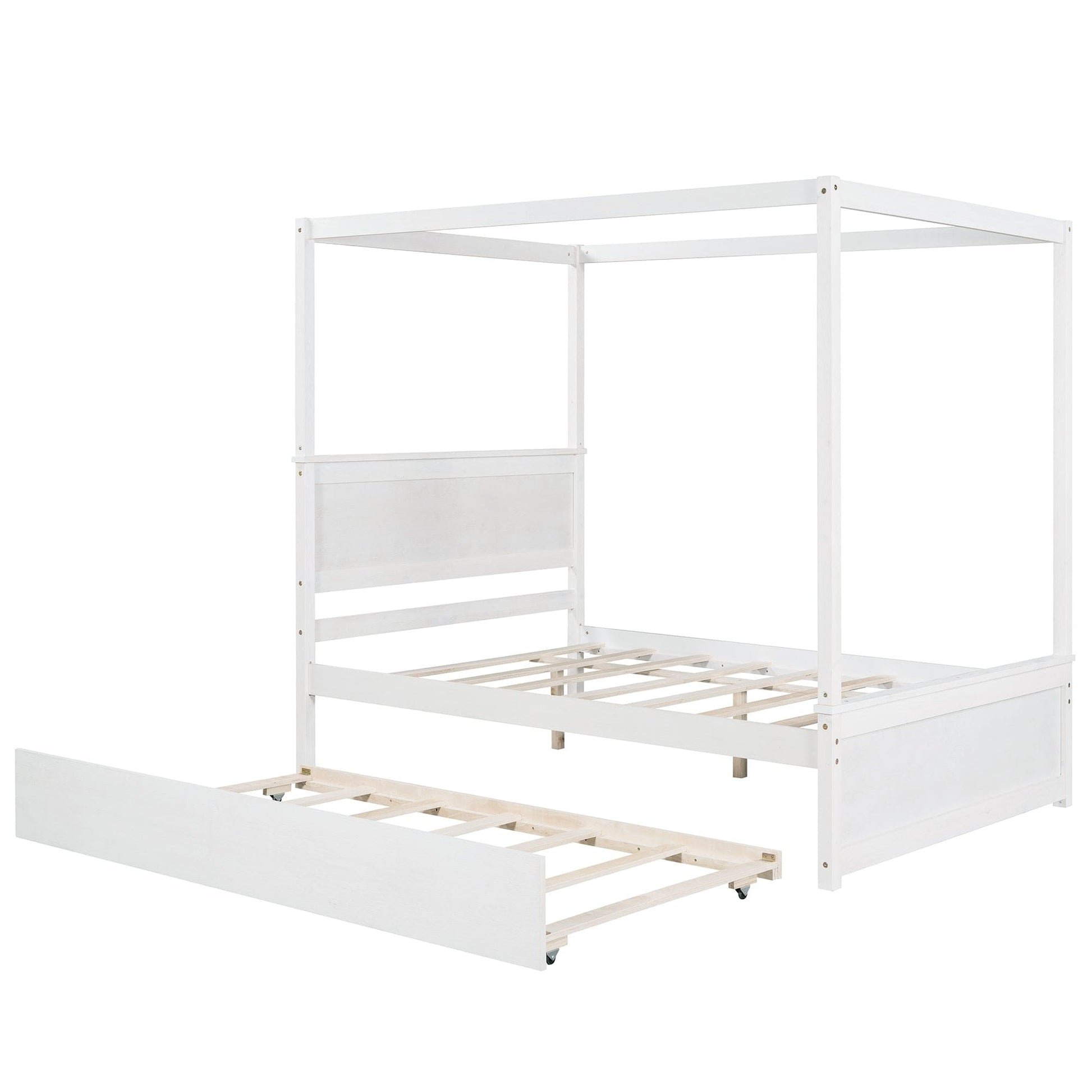 Giga Canopy Beds Wood Canopy Bed with Trundle Bed, Full Size Canopy Platform bed With Support Slats-No Box Spring Needed-Brushed White