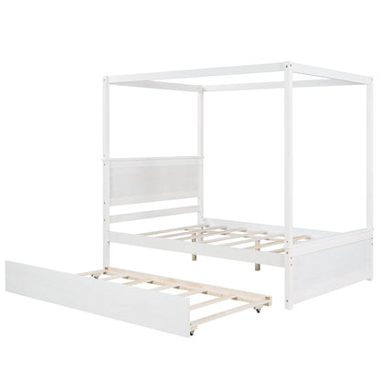 Giga Canopy Beds Wood Canopy Bed with Trundle Bed, Full Size Canopy Platform bed With Support Slats-No Box Spring Needed-Brushed White