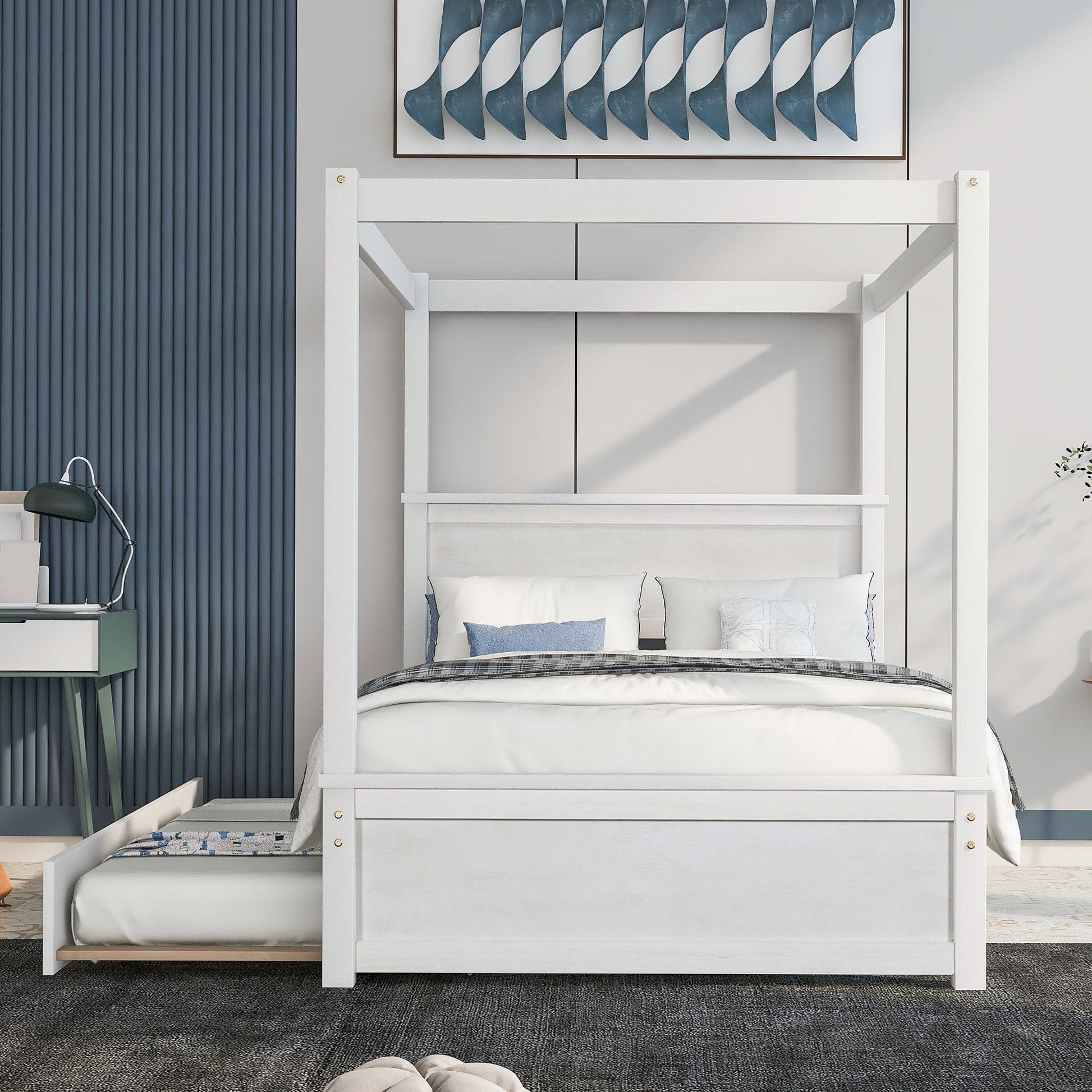 Giga Canopy Beds Wood Canopy Bed with Trundle Bed, Full Size Canopy Platform bed With Support Slats-No Box Spring Needed-Brushed White