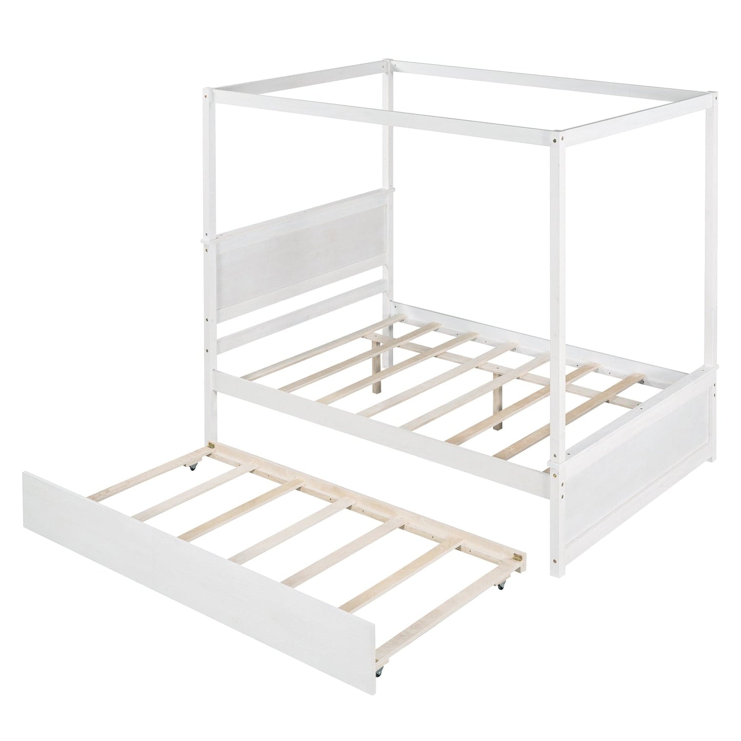 Giga Canopy Beds Wood Canopy Bed with Trundle Bed, Full Size Canopy Platform bed With Support Slats-No Box Spring Needed-Brushed White