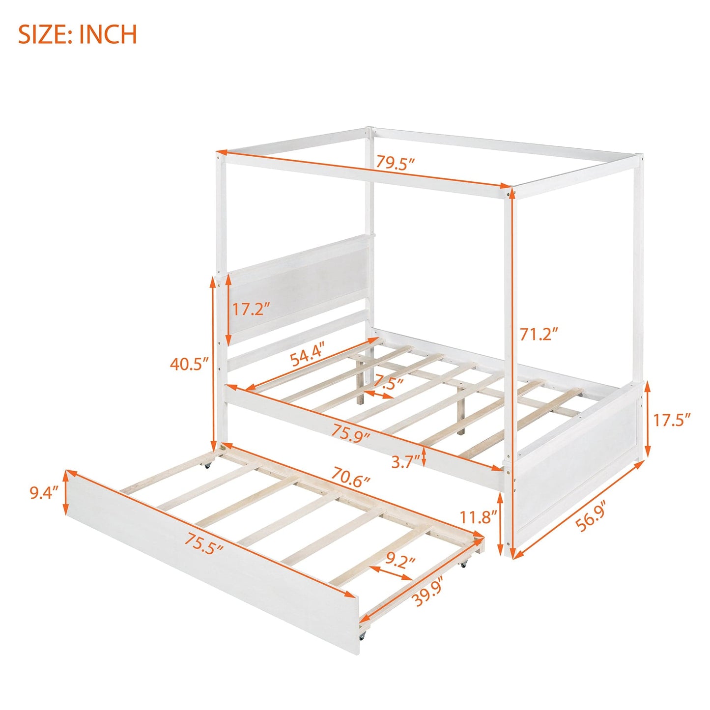 Giga Canopy Beds Wood Canopy Bed with Trundle Bed, Full Size Canopy Platform bed With Support Slats-No Box Spring Needed-Brushed White