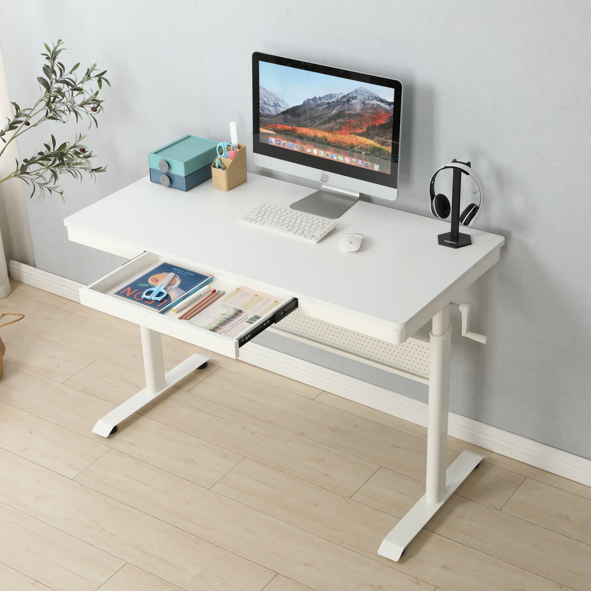 Giga Desks Standup Desk-48in x 24 in-White Tabletop with Metal Drawer, Adjustable Height  Stand up Desk, Sit Stand Home Office Desk, Ergonomic Workstation