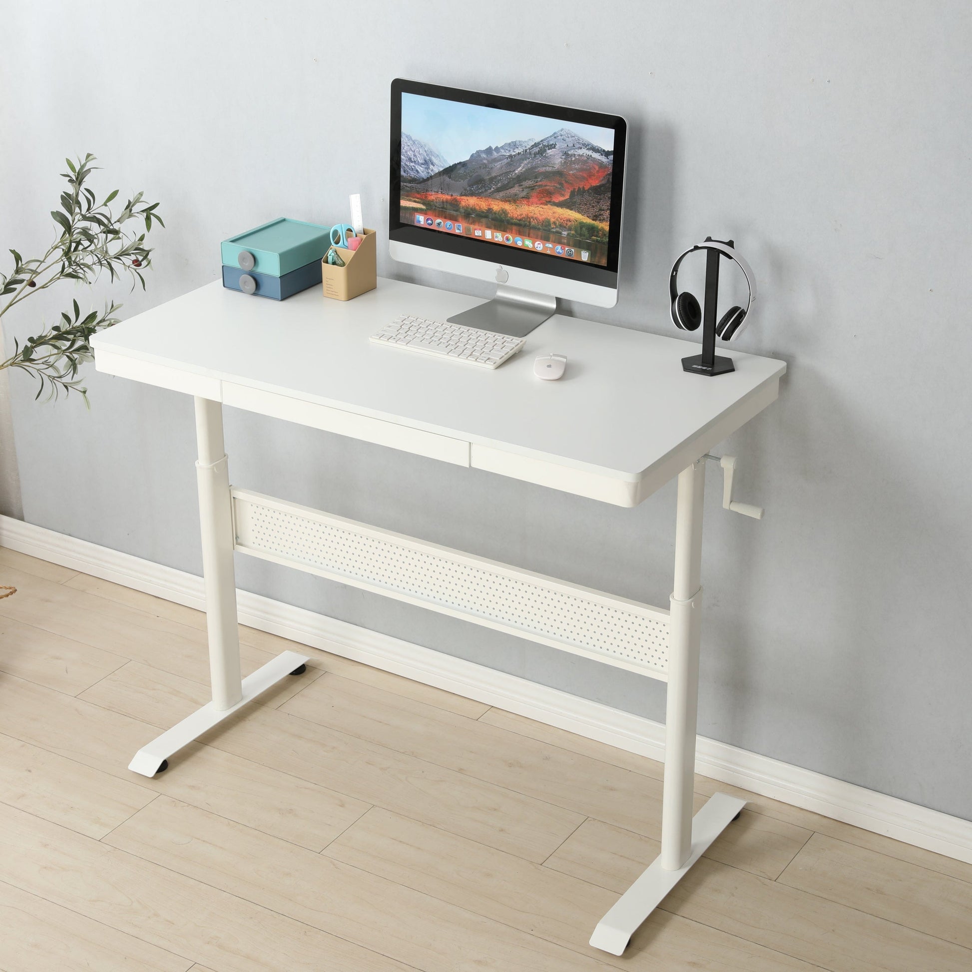 Giga Desks Standup Desk-48in x 24 in-White Tabletop with Metal Drawer, Adjustable Height  Stand up Desk, Sit Stand Home Office Desk, Ergonomic Workstation