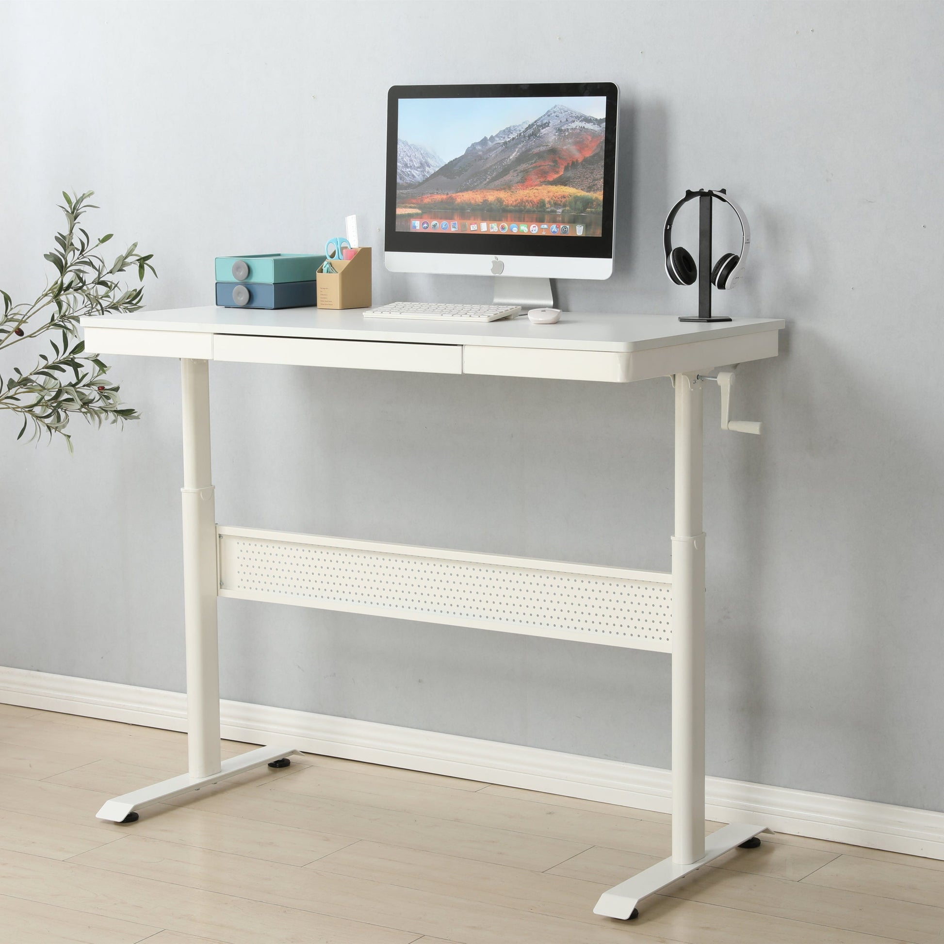 Giga Desks Standup Desk-48in x 24 in-White Tabletop with Metal Drawer, Adjustable Height  Stand up Desk, Sit Stand Home Office Desk, Ergonomic Workstation