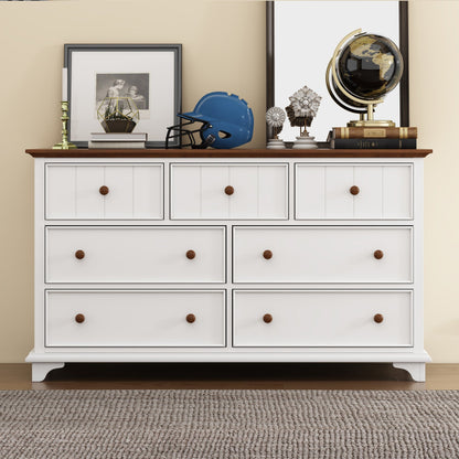 Giga Dressers Wooden Captain Seven-Drawer Dresser for Bedroom, Living Room, Kids' Room, White+Walnut