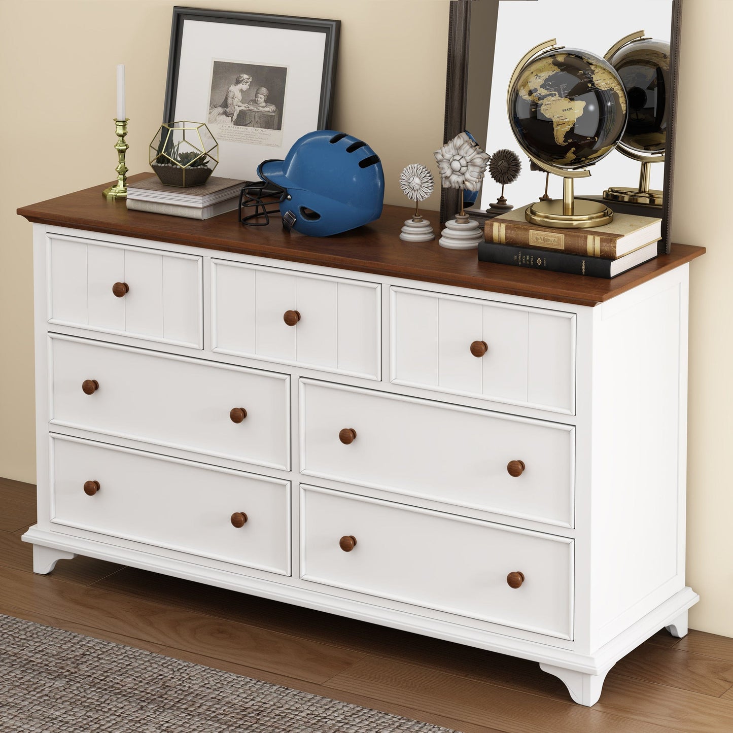 Giga Dressers Wooden Captain Seven-Drawer Dresser for Bedroom, Living Room, Kids' Room, White+Walnut