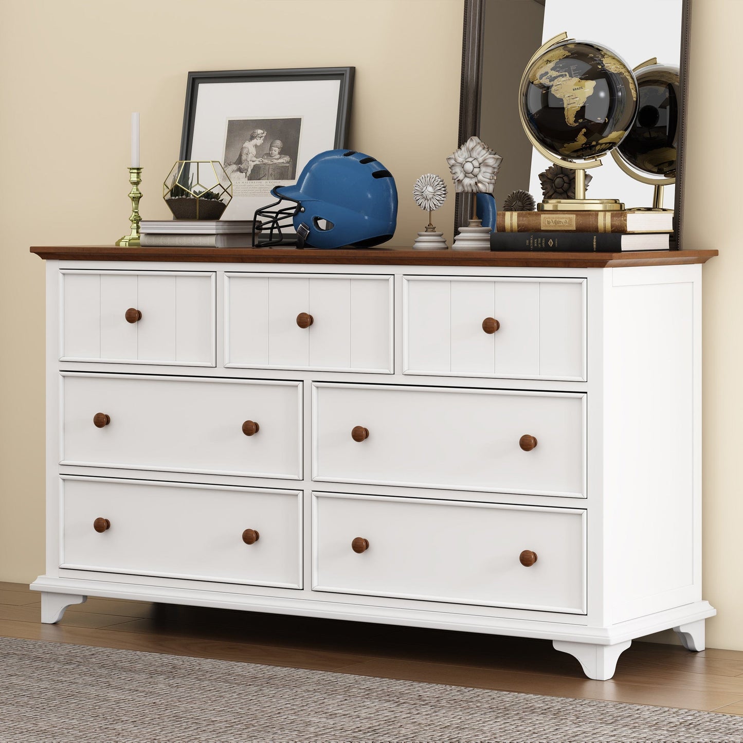 Giga Dressers Wooden Captain Seven-Drawer Dresser for Bedroom, Living Room, Kids' Room, White+Walnut