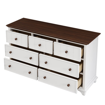 Giga Dressers Wooden Captain Seven-Drawer Dresser for Bedroom, Living Room, Kids' Room, White+Walnut