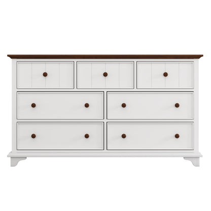 Giga Dressers Wooden Captain Seven-Drawer Dresser for Bedroom, Living Room, Kids' Room, White+Walnut