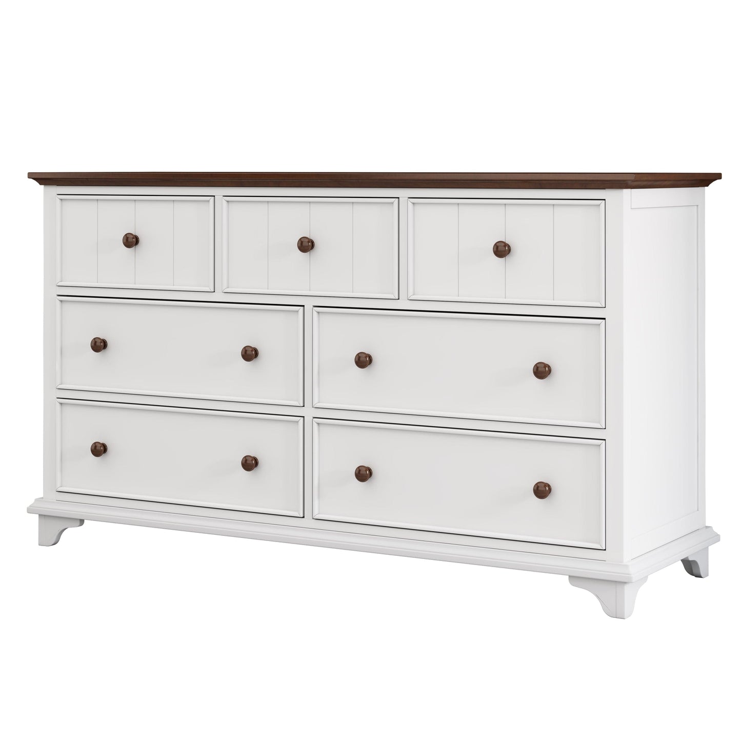 Giga Dressers Wooden Captain Seven-Drawer Dresser for Bedroom, Living Room, Kids' Room, White+Walnut