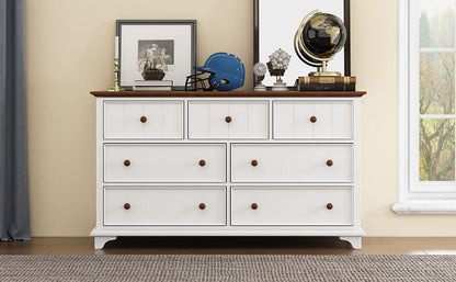 Giga Dressers Wooden Captain Seven-Drawer Dresser for Bedroom, Living Room, Kids' Room, White+Walnut