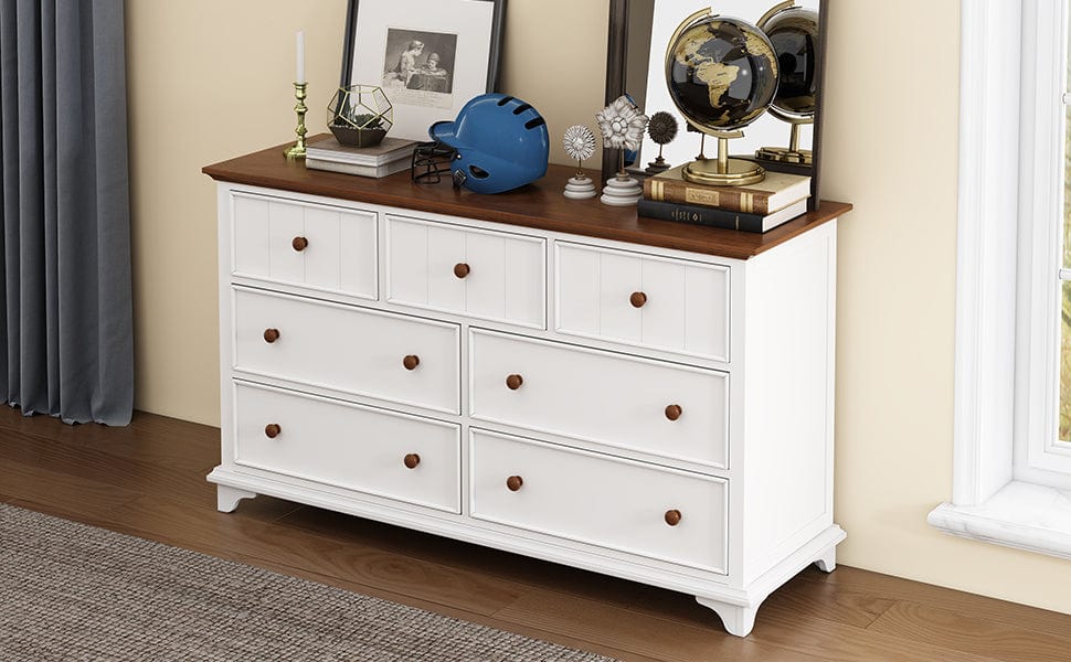 Giga Dressers Wooden Captain Seven-Drawer Dresser for Bedroom, Living Room, Kids' Room, White+Walnut