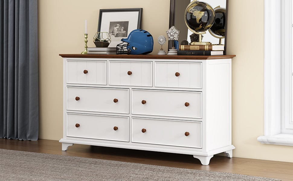 Giga Dressers Wooden Captain Seven-Drawer Dresser for Bedroom, Living Room, Kids' Room, White+Walnut