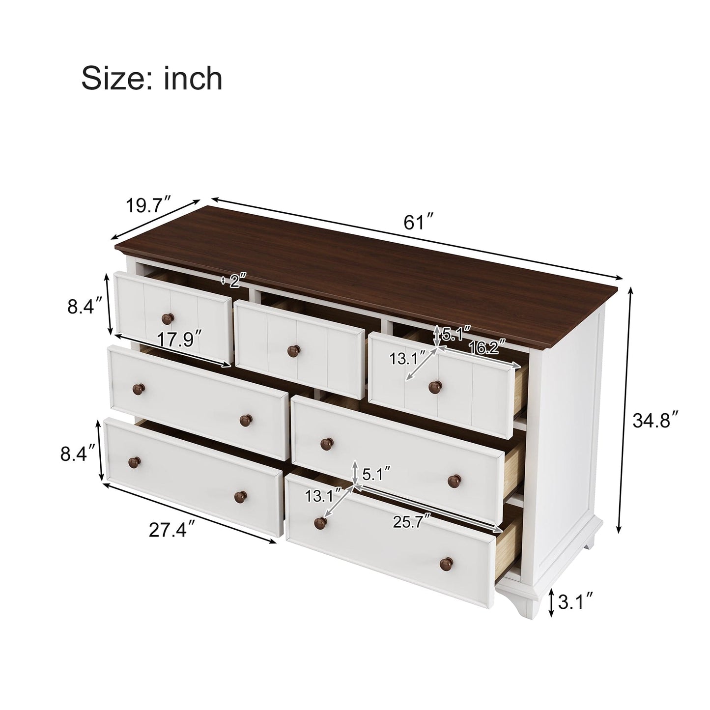 Giga Dressers Wooden Captain Seven-Drawer Dresser for Bedroom, Living Room, Kids' Room, White+Walnut