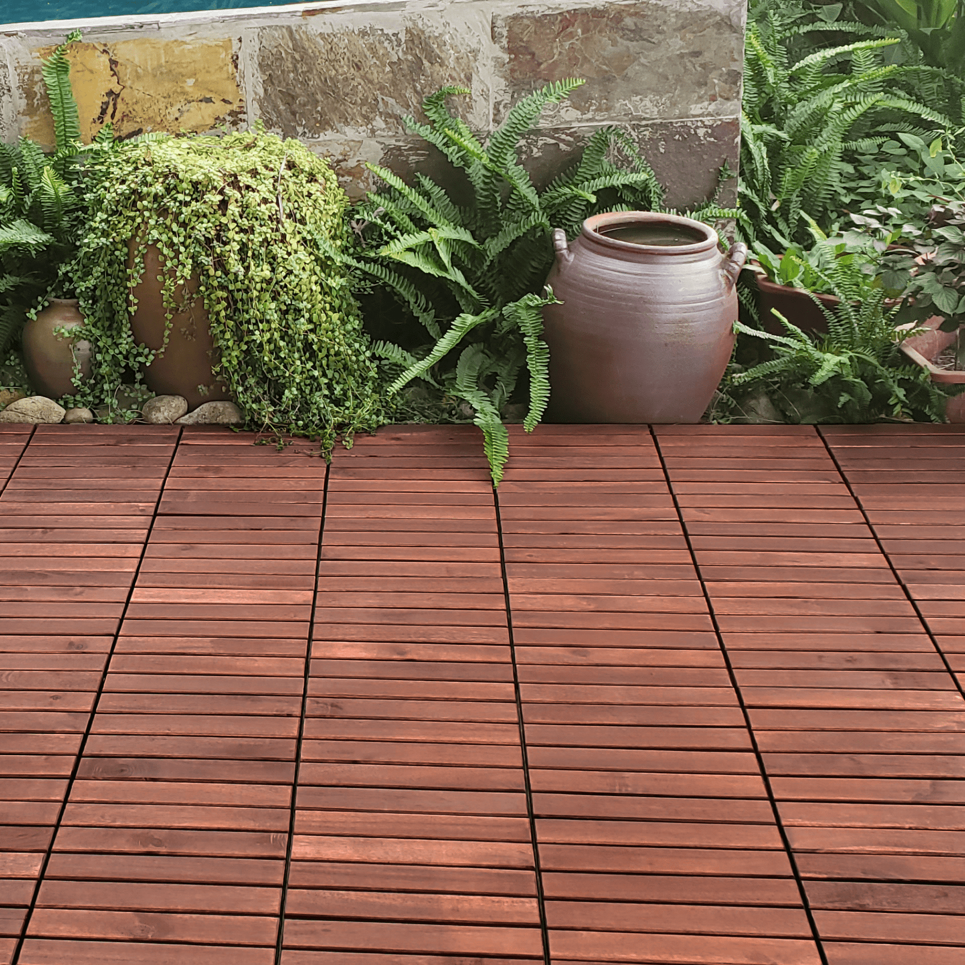 Giga Interlocking Deck Tiles 10 PCS Interlocking Deck Tiles Striped Pattern, 12" x 12" Square Acacia Hardwood Outdoor Flooring for Patio, Bancony, Pool Side,...