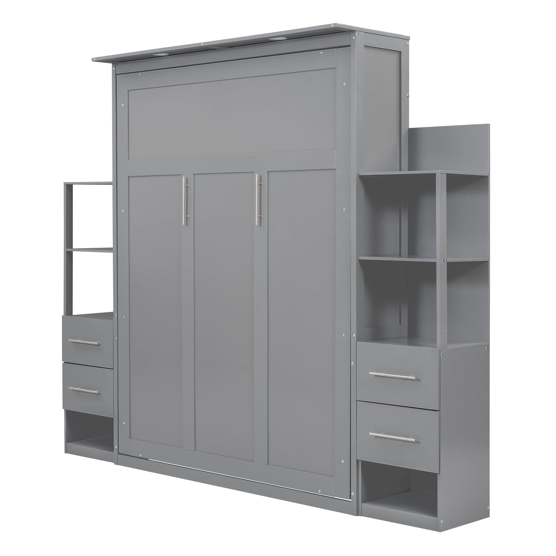 Giga Murphy Beds Queen Size Murphy Bed Wall Bed with Shelves, Drawers and LED Lights,Gray