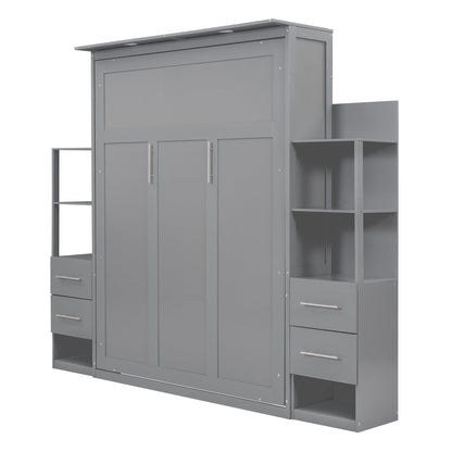 Giga Murphy Beds Queen Size Murphy Bed Wall Bed with Shelves, Drawers and LED Lights,Gray