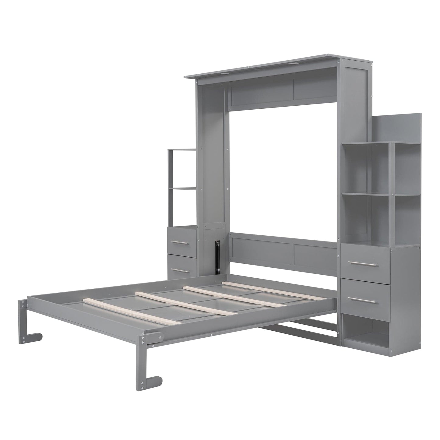 Giga Murphy Beds Queen Size Murphy Bed Wall Bed with Shelves, Drawers and LED Lights,Gray