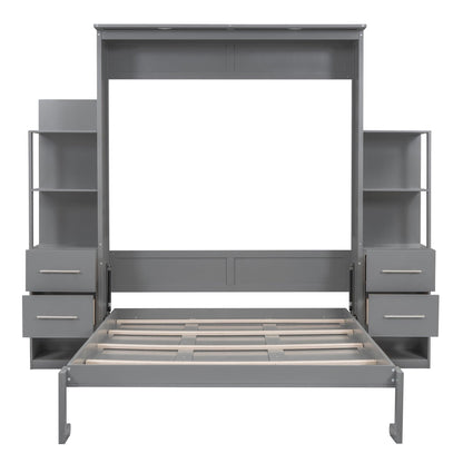 Giga Murphy Beds Queen Size Murphy Bed Wall Bed with Shelves, Drawers and LED Lights,Gray