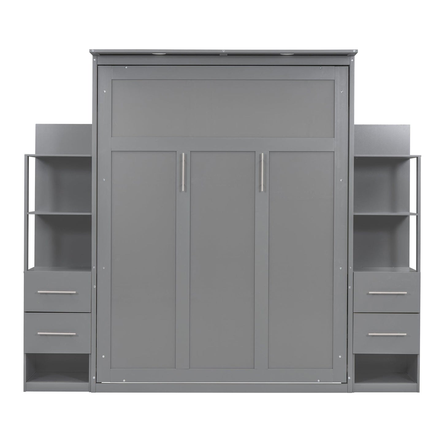 Giga Murphy Beds Queen Size Murphy Bed Wall Bed with Shelves, Drawers and LED Lights,Gray